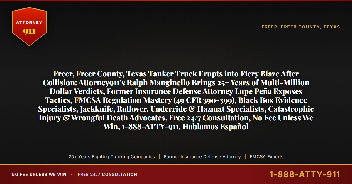 Freer, Freer County, Texas Tanker Truck Erupts into Fiery Blaze After Collision: Attorney911’s Ralph Manginello Brings 25+ Years of Multi-Million Dollar Verdicts, Former Insurance Defense Attorney Lupe Peña Exposes Tactics, FMCSA Regulation Mastery (49 CFR 390-399), Black Box Evidence Specialists, Jackknife, Rollover, Underride & Hazmat Specialists, Catastrophic Injury & Wrongful Death Advocates, Free 24/7 Consultation, No Fee Unless We Win, 1-888-ATTY-911, Hablamos Español - Attorney911