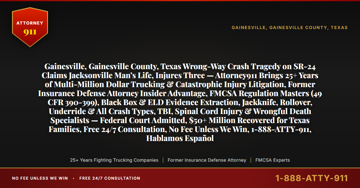 Gainesville, Gainesville County, Texas Wrong-Way Crash Tragedy on SR-24 Claims Jacksonville Man’s Life, Injures Three — Attorney911 Brings 25+ Years of Multi-Million Dollar Trucking & Catastrophic Injury Litigation, Former Insurance Defense Attorney Insider Advantage, FMCSA Regulation Masters (49 CFR 390-399), Black Box & ELD Evidence Extraction, Jackknife, Rollover, Underride & All Crash Types, TBI, Spinal Cord Injury & Wrongful Death Specialists — Federal Court Admitted, $50+ Million Recovered for Texas Families, Free 24/7 Consultation, No Fee Unless We Win, 1-888-ATTY-911, Hablamos Español - Attorney911