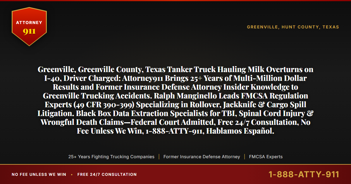 Greenville, Greenville County, Texas Tanker Truck Hauling Milk Overturns on I-40, Driver Charged: Attorney911 Brings 25+ Years of Multi-Million Dollar Results and Former Insurance Defense Attorney Insider Knowledge to Greenville Trucking Accidents. Ralph Manginello Leads FMCSA Regulation Experts (49 CFR 390-399) Specializing in Rollover, Jackknife & Cargo Spill Litigation. Black Box Data Extraction Specialists for TBI, Spinal Cord Injury & Wrongful Death Claims—Federal Court Admitted, Free 24/7 Consultation, No Fee Unless We Win, 1-888-ATTY-911, Hablamos Español. - Attorney911