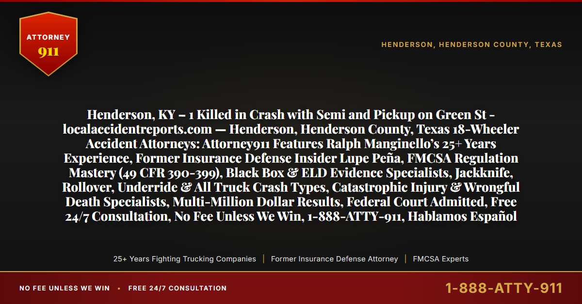 Henderson, KY – 1 Killed in Crash with Semi and Pickup on Green St - localaccidentreports.com — Henderson, Henderson County, Texas 18-Wheeler Accident Attorneys: Attorney911 Features Ralph Manginello’s 25+ Years Experience, Former Insurance Defense Insider Lupe Peña, FMCSA Regulation Mastery (49 CFR 390-399), Black Box & ELD Evidence Specialists, Jackknife, Rollover, Underride & All Truck Crash Types, Catastrophic Injury & Wrongful Death Specialists, Multi-Million Dollar Results, Federal Court Admitted, Free 24/7 Consultation, No Fee Unless We Win, 1-888-ATTY-911, Hablamos Español - Attorney911