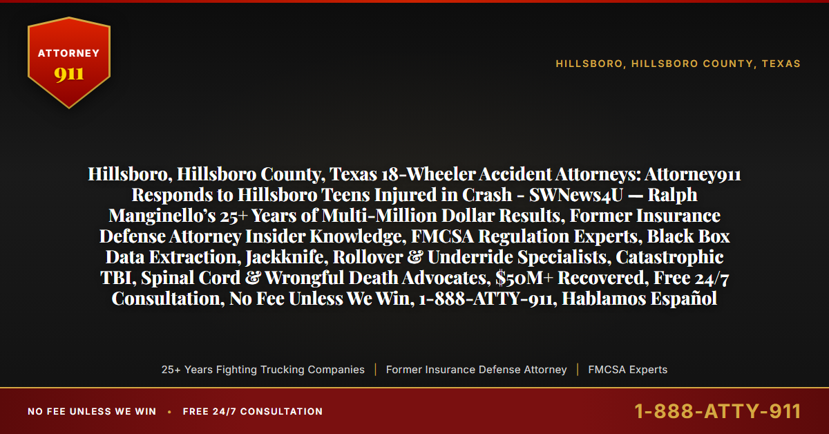 Hillsboro, Hillsboro County, Texas 18-Wheeler Accident Attorneys: Attorney911 Responds to Hillsboro Teens Injured in Crash - SWNews4U — Ralph Manginello’s 25+ Years of Multi-Million Dollar Results, Former Insurance Defense Attorney Insider Knowledge, FMCSA Regulation Experts, Black Box Data Extraction, Jackknife, Rollover & Underride Specialists, Catastrophic TBI, Spinal Cord & Wrongful Death Advocates, $50M+ Recovered, Free 24/7 Consultation, No Fee Unless We Win, 1-888-ATTY-911, Hablamos Español - Attorney911