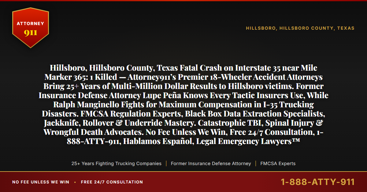 Hillsboro, Hillsboro County, Texas Fatal Crash on Interstate 35 near Mile Marker 365: 1 Killed — Attorney911’s Premier 18-Wheeler Accident Attorneys Bring 25+ Years of Multi-Million Dollar Results to Hillsboro victims. Former Insurance Defense Attorney Lupe Peña Knows Every Tactic Insurers Use, While Ralph Manginello Fights for Maximum Compensation in I-35 Trucking Disasters. FMCSA Regulation Experts, Black Box Data Extraction Specialists, Jackknife, Rollover & Underride Mastery. Catastrophic TBI, Spinal Injury & Wrongful Death Advocates. No Fee Unless We Win, Free 24/7 Consultation, 1-888-ATTY-911, Hablamos Español, Legal Emergency Lawyers™ - Attorney911
