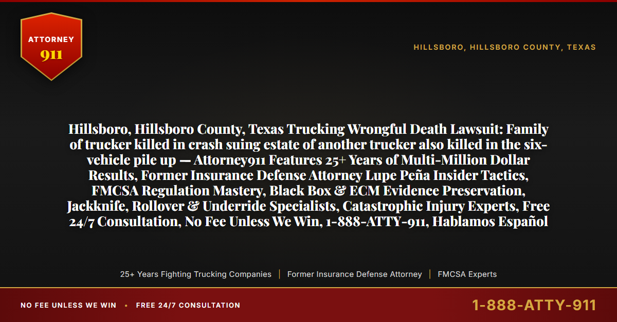 Hillsboro, Hillsboro County, Texas Trucking Wrongful Death Lawsuit: Family of trucker killed in crash suing estate of another trucker also killed in the six-vehicle pile up — Attorney911 Features 25+ Years of Multi-Million Dollar Results, Former Insurance Defense Attorney Lupe Peña Insider Tactics, FMCSA Regulation Mastery, Black Box & ECM Evidence Preservation, Jackknife, Rollover & Underride Specialists, Catastrophic Injury Experts, Free 24/7 Consultation, No Fee Unless We Win, 1-888-ATTY-911, Hablamos Español - Attorney911
