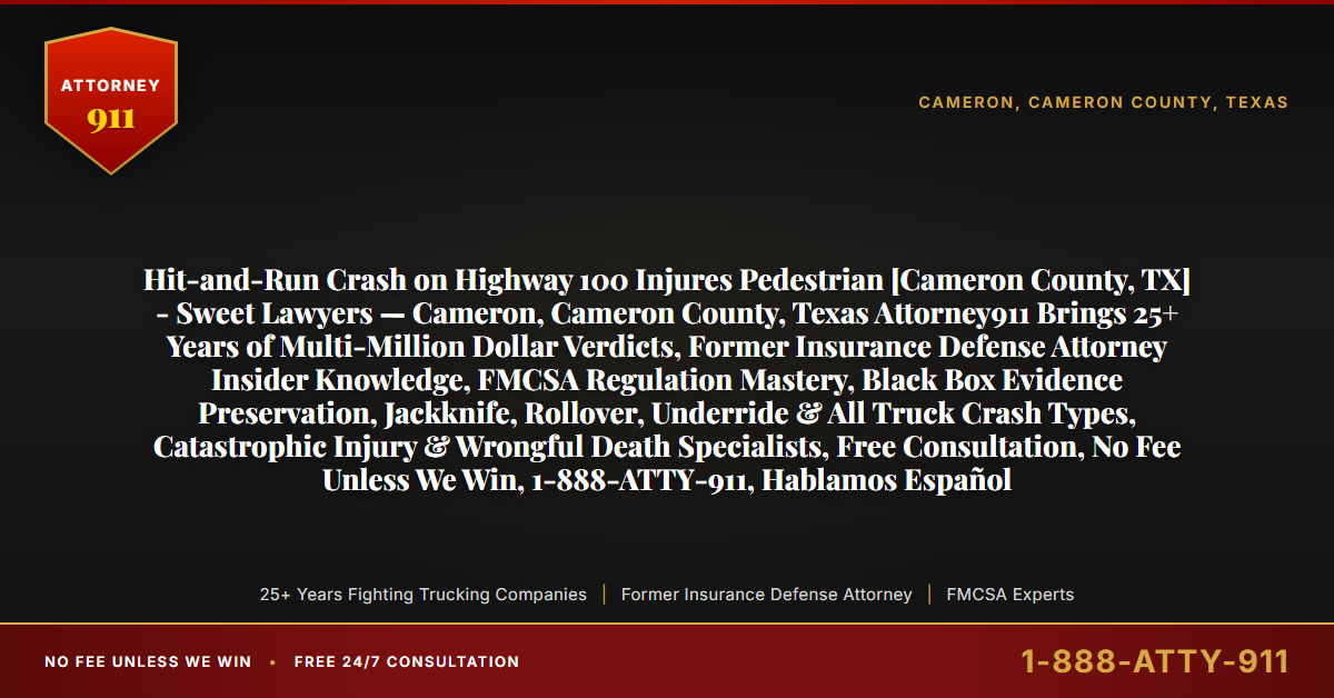 Hit-and-Run Crash on Highway 100 Injures Pedestrian [Cameron County, TX] - Sweet Lawyers — Cameron, Cameron County, Texas Attorney911 Brings 25+ Years of Multi-Million Dollar Verdicts, Former Insurance Defense Attorney Insider Knowledge, FMCSA Regulation Mastery, Black Box Evidence Preservation, Jackknife, Rollover, Underride & All Truck Crash Types, Catastrophic Injury & Wrongful Death Specialists, Free Consultation, No Fee Unless We Win, 1-888-ATTY-911, Hablamos Español - Attorney911