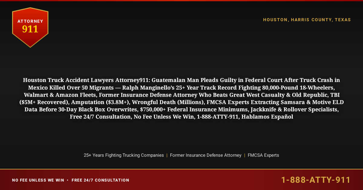 Houston Truck Accident Lawyers Attorney911: Guatemalan Man Pleads Guilty in Federal Court After Truck Crash in Mexico Killed Over 50 Migrants — Ralph Manginello’s 25+ Year Track Record Fighting 80,000-Pound 18-Wheelers, Walmart & Amazon Fleets, Former Insurance Defense Attorney Who Beats Great West Casualty & Old Republic, TBI ($5M+ Recovered), Amputation ($3.8M+), Wrongful Death (Millions), FMCSA Experts Extracting Samsara & Motive ELD Data Before 30-Day Black Box Overwrites, $750,000+ Federal Insurance Minimums, Jackknife & Rollover Specialists, Free 24/7 Consultation, No Fee Unless We Win, 1-888-ATTY-911, Hablamos Español - Attorney911