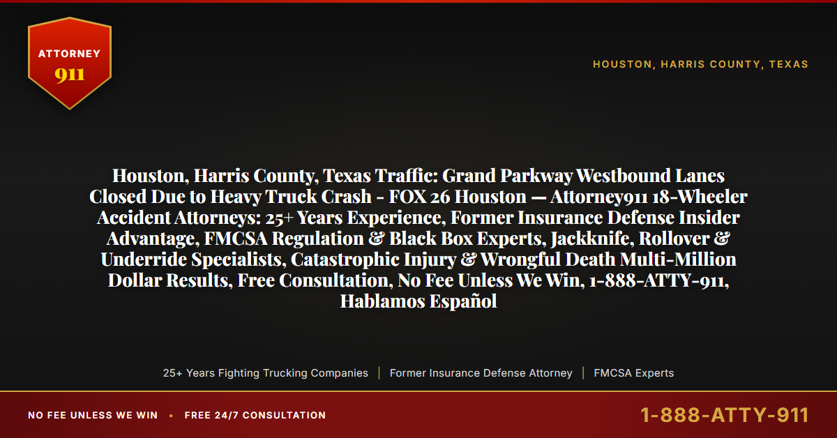 Houston, Harris County, Texas Traffic: Grand Parkway Westbound Lanes Closed Due to Heavy Truck Crash - FOX 26 Houston — Attorney911 18-Wheeler Accident Attorneys: 25+ Years Experience, Former Insurance Defense Insider Advantage, FMCSA Regulation & Black Box Experts, Jackknife, Rollover & Underride Specialists, Catastrophic Injury & Wrongful Death Multi-Million Dollar Results, Free Consultation, No Fee Unless We Win, 1-888-ATTY-911, Hablamos Español - Attorney911