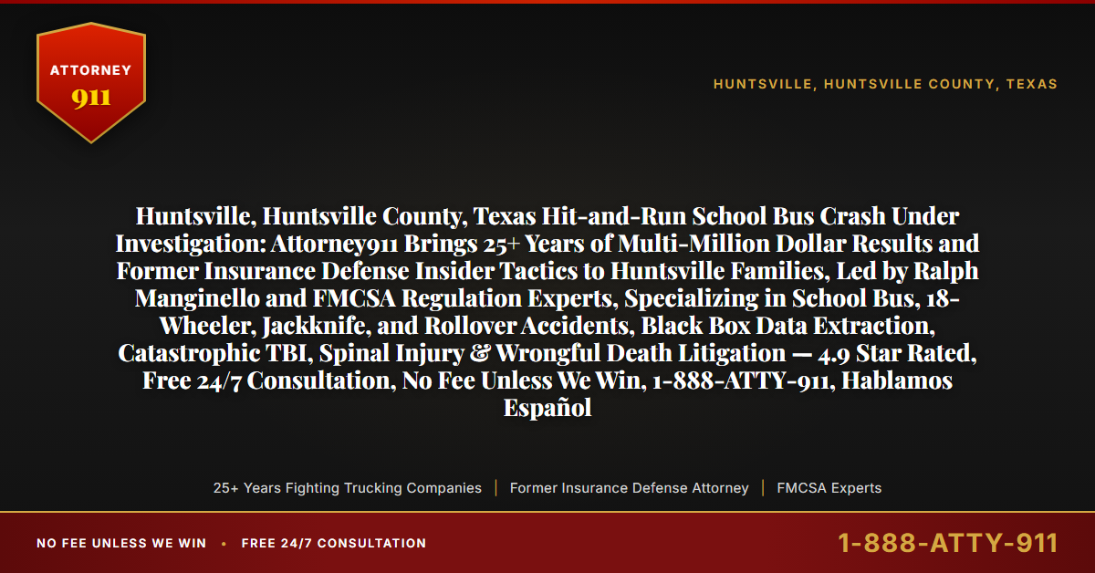 Huntsville, Huntsville County, Texas Hit-and-Run School Bus Crash Under Investigation: Attorney911 Brings 25+ Years of Multi-Million Dollar Results and Former Insurance Defense Insider Tactics to Huntsville Families, Led by Ralph Manginello and FMCSA Regulation Experts, Specializing in School Bus, 18-Wheeler, Jackknife, and Rollover Accidents, Black Box Data Extraction, Catastrophic TBI, Spinal Injury & Wrongful Death Litigation — 4.9 Star Rated, Free 24/7 Consultation, No Fee Unless We Win, 1-888-ATTY-911, Hablamos Español - Attorney911
