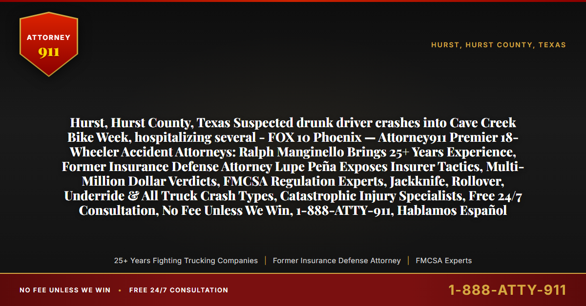 Hurst, Hurst County, Texas Suspected drunk driver crashes into Cave Creek Bike Week, hospitalizing several - FOX 10 Phoenix — Attorney911 Premier 18-Wheeler Accident Attorneys: Ralph Manginello Brings 25+ Years Experience, Former Insurance Defense Attorney Lupe Peña Exposes Insurer Tactics, Multi-Million Dollar Verdicts, FMCSA Regulation Experts, Jackknife, Rollover, Underride & All Truck Crash Types, Catastrophic Injury Specialists, Free 24/7 Consultation, No Fee Unless We Win, 1-888-ATTY-911, Hablamos Español - Attorney911