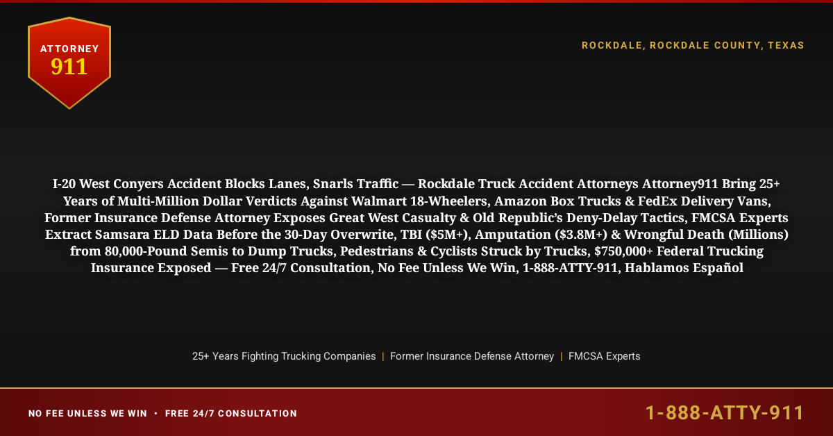 I-20 West Conyers Accident Blocks Lanes, Snarls Traffic — Rockdale Truck Accident Attorneys Attorney911 Bring 25+ Years of Multi-Million Dollar Verdicts Against Walmart 18-Wheelers, Amazon Box Trucks & FedEx Delivery Vans, Former Insurance Defense Attorney Exposes Great West Casualty & Old Republic’s Deny-Delay Tactics, FMCSA Experts Extract Samsara ELD Data Before the 30-Day Overwrite, TBI ($5M+), Amputation ($3.8M+) & Wrongful Death (Millions) from 80,000-Pound Semis to Dump Trucks, Pedestrians & Cyclists Struck by Trucks, $750,000+ Federal Trucking Insurance Exposed — Free 24/7 Consultation, No Fee Unless We Win, 1-888-ATTY-911, Hablamos Español - Attorney911