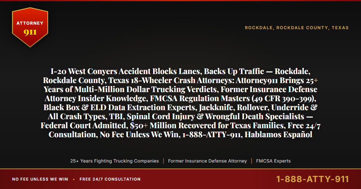 I-20 West Conyers Accident Blocks Lanes, Backs Up Traffic — Rockdale, Rockdale County, Texas 18-Wheeler Crash Attorneys: Attorney911 Brings 25+ Years of Multi-Million Dollar Trucking Verdicts, Former Insurance Defense Attorney Insider Knowledge, FMCSA Regulation Masters (49 CFR 390-399), Black Box & ELD Data Extraction Experts, Jackknife, Rollover, Underride & All Crash Types, TBI, Spinal Cord Injury & Wrongful Death Specialists — Federal Court Admitted, $50+ Million Recovered for Texas Families, Free 24/7 Consultation, No Fee Unless We Win, 1-888-ATTY-911, Hablamos Español - Attorney911