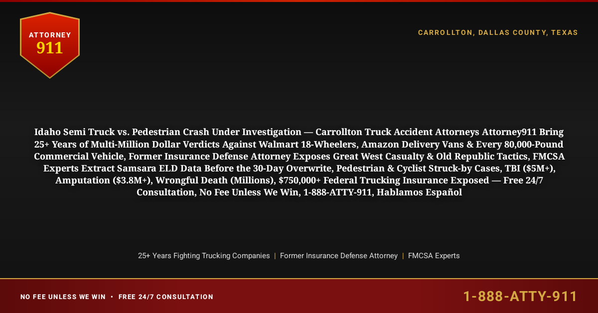 Idaho Semi Truck vs. Pedestrian Crash Under Investigation — Carrollton Truck Accident Attorneys Attorney911 Bring 25+ Years of Multi-Million Dollar Verdicts Against Walmart 18-Wheelers, Amazon Delivery Vans & Every 80,000-Pound Commercial Vehicle, Former Insurance Defense Attorney Exposes Great West Casualty & Old Republic Tactics, FMCSA Experts Extract Samsara ELD Data Before the 30-Day Overwrite, Pedestrian & Cyclist Struck-by Cases, TBI ($5M+), Amputation ($3.8M+), Wrongful Death (Millions), $750,000+ Federal Trucking Insurance Exposed — Free 24/7 Consultation, No Fee Unless We Win, 1-888-ATTY-911, Hablamos Español - Attorney911