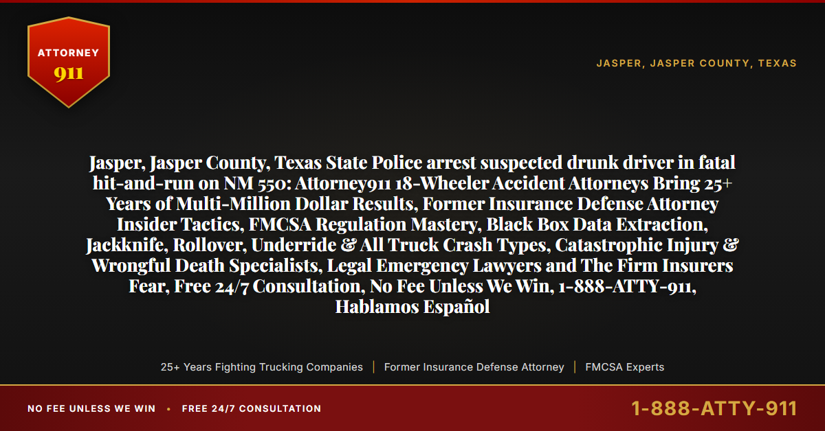 Jasper, Jasper County, Texas State Police arrest suspected drunk driver in fatal hit-and-run on NM 550: Attorney911 18-Wheeler Accident Attorneys Bring 25+ Years of Multi-Million Dollar Results, Former Insurance Defense Attorney Insider Tactics, FMCSA Regulation Mastery, Black Box Data Extraction, Jackknife, Rollover, Underride & All Truck Crash Types, Catastrophic Injury & Wrongful Death Specialists, Legal Emergency Lawyers and The Firm Insurers Fear, Free 24/7 Consultation, No Fee Unless We Win, 1-888-ATTY-911, Hablamos Español - Attorney911