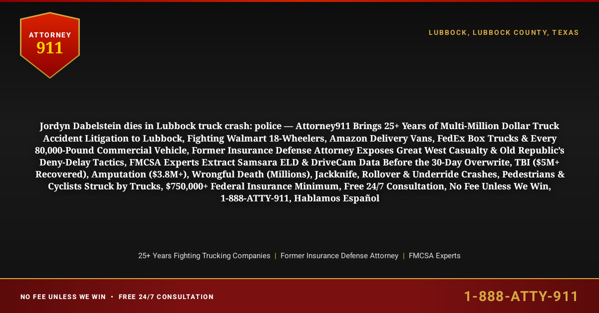 Jordyn Dabelstein dies in Lubbock truck crash: police — Attorney911 Brings 25+ Years of Multi-Million Dollar Truck Accident Litigation to Lubbock, Fighting Walmart 18-Wheelers, Amazon Delivery Vans, FedEx Box Trucks & Every 80,000-Pound Commercial Vehicle, Former Insurance Defense Attorney Exposes Great West Casualty & Old Republic’s Deny-Delay Tactics, FMCSA Experts Extract Samsara ELD & DriveCam Data Before the 30-Day Overwrite, TBI ($5M+ Recovered), Amputation ($3.8M+), Wrongful Death (Millions), Jackknife, Rollover & Underride Crashes, Pedestrians & Cyclists Struck by Trucks, $750,000+ Federal Insurance Minimum, Free 24/7 Consultation, No Fee Unless We Win, 1-888-ATTY-911, Hablamos Español - Attorney911