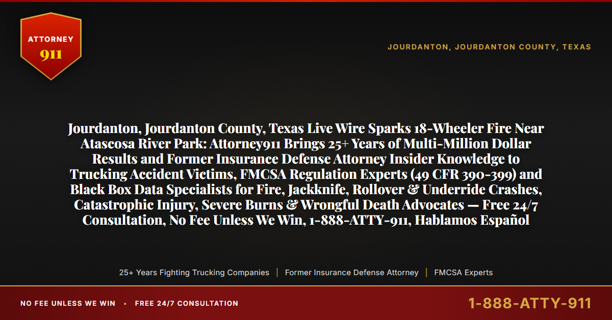 Jourdanton, Jourdanton County, Texas Live Wire Sparks 18-Wheeler Fire Near Atascosa River Park: Attorney911 Brings 25+ Years of Multi-Million Dollar Results and Former Insurance Defense Attorney Insider Knowledge to Trucking Accident Victims, FMCSA Regulation Experts (49 CFR 390-399) and Black Box Data Specialists for Fire, Jackknife, Rollover & Underride Crashes, Catastrophic Injury, Severe Burns & Wrongful Death Advocates — Free 24/7 Consultation, No Fee Unless We Win, 1-888-ATTY-911, Hablamos Español - Attorney911