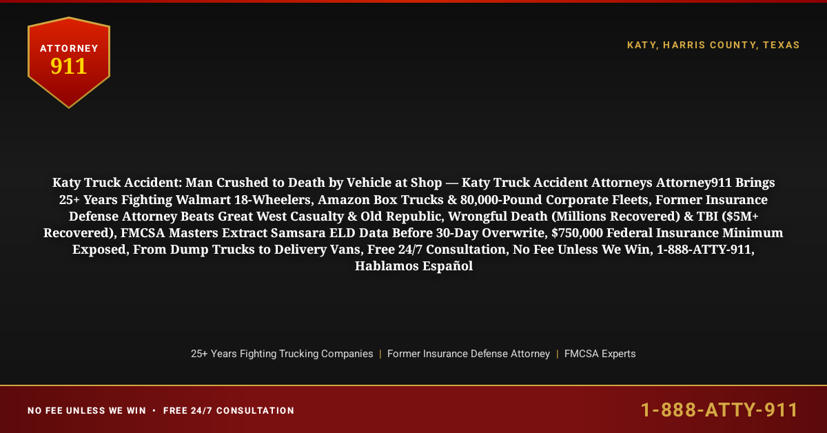 Katy Truck Accident: Man Crushed to Death by Vehicle at Shop — Katy Truck Accident Attorneys Attorney911 Brings 25+ Years Fighting Walmart 18-Wheelers, Amazon Box Trucks & 80,000-Pound Corporate Fleets, Former Insurance Defense Attorney Beats Great West Casualty & Old Republic, Wrongful Death (Millions Recovered) & TBI ($5M+ Recovered), FMCSA Masters Extract Samsara ELD Data Before 30-Day Overwrite, $750,000 Federal Insurance Minimum Exposed, From Dump Trucks to Delivery Vans, Free 24/7 Consultation, No Fee Unless We Win, 1-888-ATTY-911, Hablamos Español - Attorney911