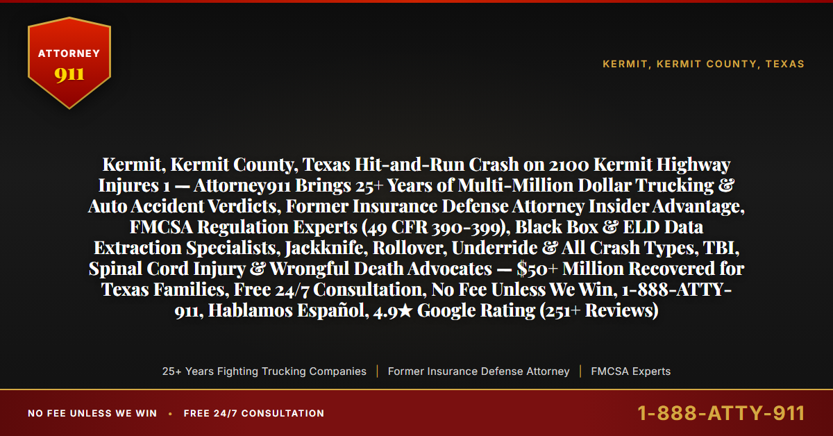 Kermit, Kermit County, Texas Hit-and-Run Crash on 2100 Kermit Highway Injures 1 — Attorney911 Brings 25+ Years of Multi-Million Dollar Trucking & Auto Accident Verdicts, Former Insurance Defense Attorney Insider Advantage, FMCSA Regulation Experts (49 CFR 390-399), Black Box & ELD Data Extraction Specialists, Jackknife, Rollover, Underride & All Crash Types, TBI, Spinal Cord Injury & Wrongful Death Advocates — $50+ Million Recovered for Texas Families, Free 24/7 Consultation, No Fee Unless We Win, 1-888-ATTY-911, Hablamos Español, 4.9★ Google Rating (251+ Reviews) - Attorney911