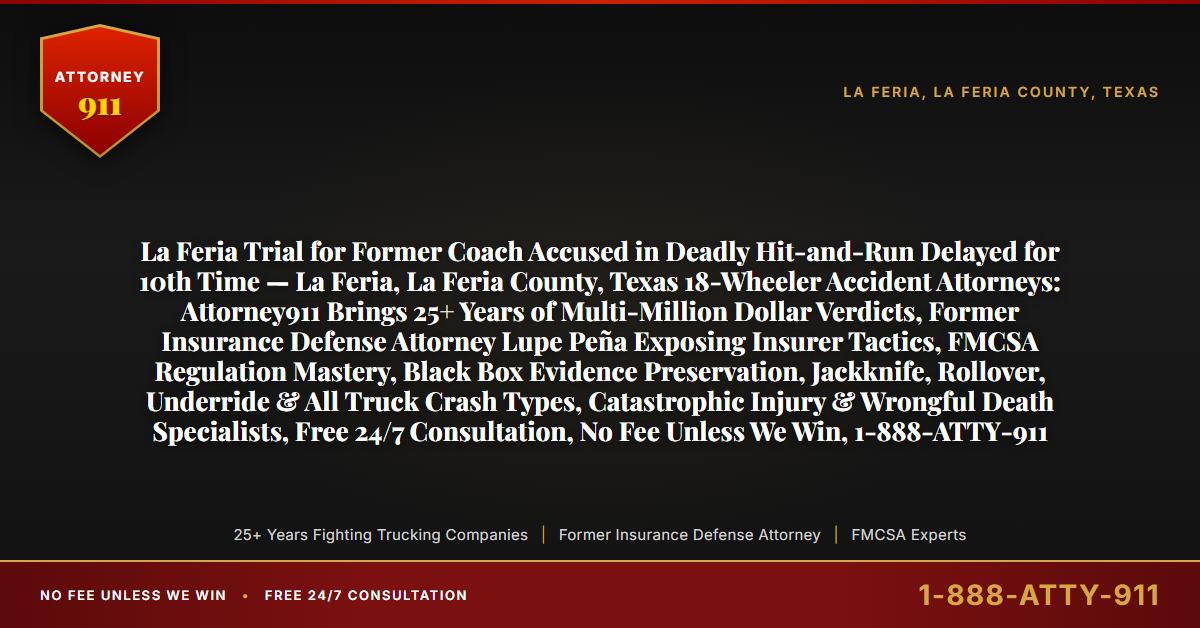 La Feria Trial for Former Coach Accused in Deadly Hit-and-Run Delayed for 10th Time — La Feria, La Feria County, Texas 18-Wheeler Accident Attorneys: Attorney911 Brings 25+ Years of Multi-Million Dollar Verdicts, Former Insurance Defense Attorney Lupe Peña Exposing Insurer Tactics, FMCSA Regulation Mastery, Black Box Evidence Preservation, Jackknife, Rollover, Underride & All Truck Crash Types, Catastrophic Injury & Wrongful Death Specialists, Free 24/7 Consultation, No Fee Unless We Win, 1-888-ATTY-911 - Attorney911