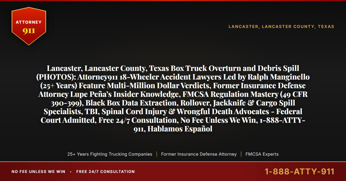 Lancaster, Lancaster County, Texas Box Truck Overturn and Debris Spill (PHOTOS): Attorney911 18-Wheeler Accident Lawyers Led by Ralph Manginello (25+ Years) Feature Multi-Million Dollar Verdicts, Former Insurance Defense Attorney Lupe Peña’s Insider Knowledge, FMCSA Regulation Mastery (49 CFR 390-399), Black Box Data Extraction, Rollover, Jackknife & Cargo Spill Specialists, TBI, Spinal Cord Injury & Wrongful Death Advocates - Federal Court Admitted, Free 24/7 Consultation, No Fee Unless We Win, 1-888-ATTY-911, Hablamos Español - Attorney911