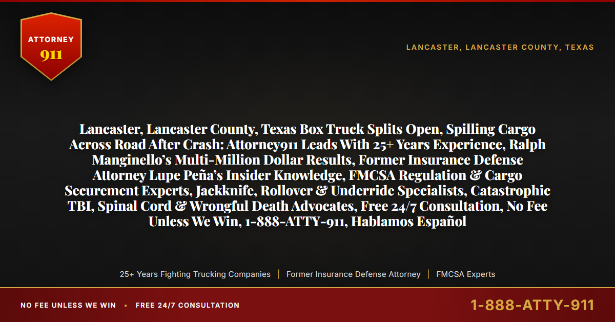 Lancaster, Lancaster County, Texas Box Truck Splits Open, Spilling Cargo Across Road After Crash: Attorney911 Leads With 25+ Years Experience, Ralph Manginello’s Multi-Million Dollar Results, Former Insurance Defense Attorney Lupe Peña’s Insider Knowledge, FMCSA Regulation & Cargo Securement Experts, Jackknife, Rollover & Underride Specialists, Catastrophic TBI, Spinal Cord & Wrongful Death Advocates, Free 24/7 Consultation, No Fee Unless We Win, 1-888-ATTY-911, Hablamos Español - Attorney911