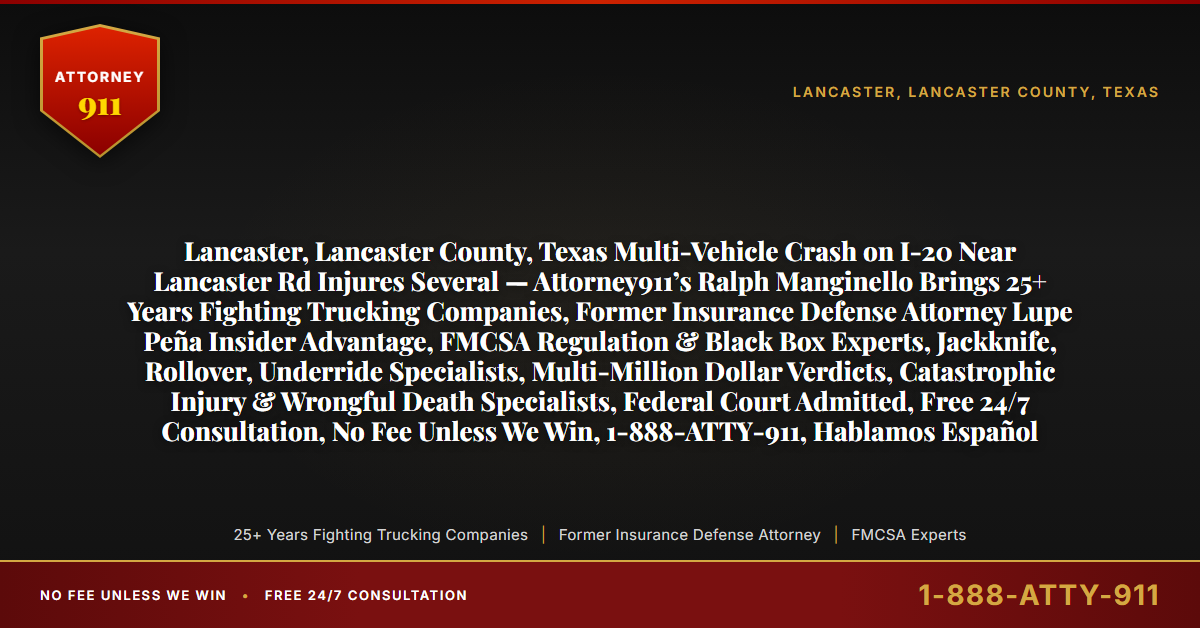 Lancaster, Lancaster County, Texas Multi-Vehicle Crash on I-20 Near Lancaster Rd Injures Several — Attorney911’s Ralph Manginello Brings 25+ Years Fighting Trucking Companies, Former Insurance Defense Attorney Lupe Peña Insider Advantage, FMCSA Regulation & Black Box Experts, Jackknife, Rollover, Underride Specialists, Multi-Million Dollar Verdicts, Catastrophic Injury & Wrongful Death Specialists, Federal Court Admitted, Free 24/7 Consultation, No Fee Unless We Win, 1-888-ATTY-911, Hablamos Español - Attorney911
