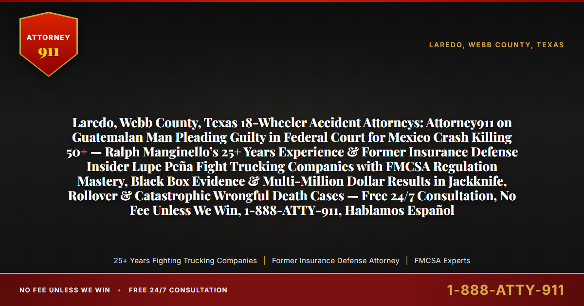 Laredo, Webb County, Texas 18-Wheeler Accident Attorneys: Attorney911 on Guatemalan Man Pleading Guilty in Federal Court for Mexico Crash Killing 50+ — Ralph Manginello’s 25+ Years Experience & Former Insurance Defense Insider Lupe Peña Fight Trucking Companies with FMCSA Regulation Mastery, Black Box Evidence & Multi-Million Dollar Results in Jackknife, Rollover & Catastrophic Wrongful Death Cases — Free 24/7 Consultation, No Fee Unless We Win, 1-888-ATTY-911, Hablamos Español - Attorney911