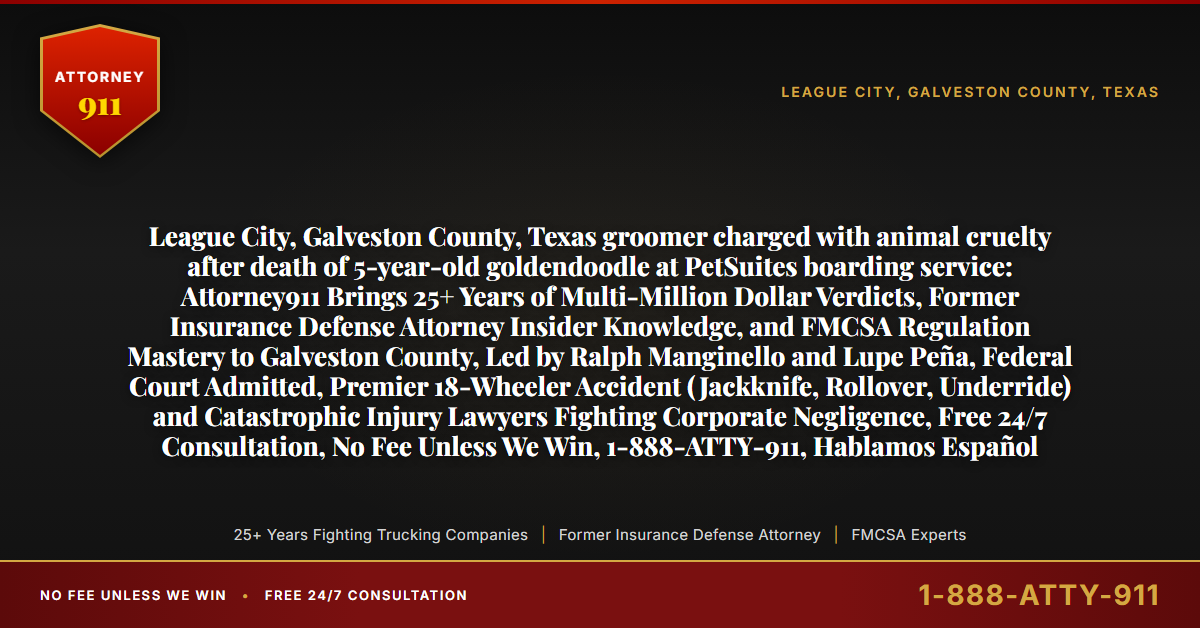 League City, Galveston County, Texas groomer charged with animal cruelty after death of 5-year-old goldendoodle at PetSuites boarding service: Attorney911 Brings 25+ Years of Multi-Million Dollar Verdicts, Former Insurance Defense Attorney Insider Knowledge, and FMCSA Regulation Mastery to Galveston County, Led by Ralph Manginello and Lupe Peña, Federal Court Admitted, Premier 18-Wheeler Accident (Jackknife, Rollover, Underride) and Catastrophic Injury Lawyers Fighting Corporate Negligence, Free 24/7 Consultation, No Fee Unless We Win, 1-888-ATTY-911, Hablamos Español - Attorney911