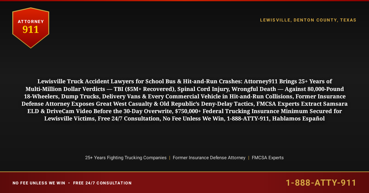 Lewisville Truck Accident Lawyers for School Bus & Hit-and-Run Crashes: Attorney911 Brings 25+ Years of Multi-Million Dollar Verdicts — TBI ($5M+ Recovered), Spinal Cord Injury, Wrongful Death — Against 80,000-Pound 18-Wheelers, Dump Trucks, Delivery Vans & Every Commercial Vehicle in Hit-and-Run Collisions, Former Insurance Defense Attorney Exposes Great West Casualty & Old Republic’s Deny-Delay Tactics, FMCSA Experts Extract Samsara ELD & DriveCam Video Before the 30-Day Overwrite, $750,000+ Federal Trucking Insurance Minimum Secured for Lewisville Victims, Free 24/7 Consultation, No Fee Unless We Win, 1-888-ATTY-911, Hablamos Español - Attorney911