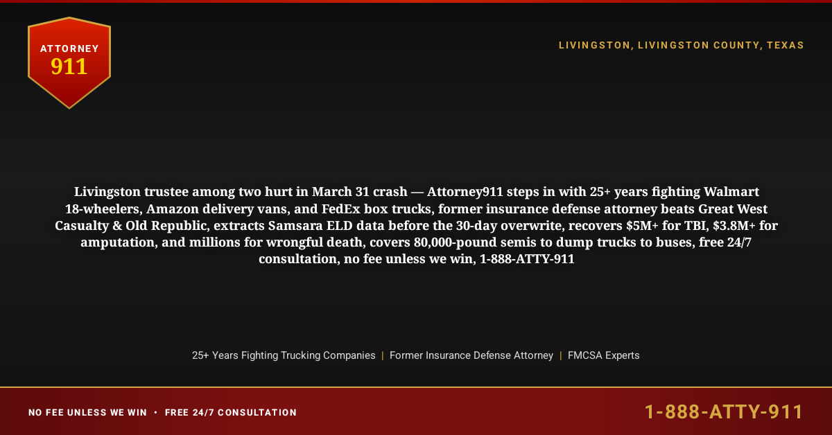 Livingston trustee among two hurt in March 31 crash — Attorney911 steps in with 25+ years fighting Walmart 18-wheelers, Amazon delivery vans, and FedEx box trucks, former insurance defense attorney beats Great West Casualty & Old Republic, extracts Samsara ELD data before the 30-day overwrite, recovers $5M+ for TBI, $3.8M+ for amputation, and millions for wrongful death, covers 80,000-pound semis to dump trucks to buses, free 24/7 consultation, no fee unless we win, 1-888-ATTY-911 - Attorney911