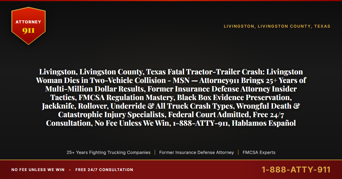 Livingston, Livingston County, Texas Fatal Tractor-Trailer Crash: Livingston Woman Dies in Two-Vehicle Collision - MSN — Attorney911 Brings 25+ Years of Multi-Million Dollar Results, Former Insurance Defense Attorney Insider Tactics, FMCSA Regulation Mastery, Black Box Evidence Preservation, Jackknife, Rollover, Underride & All Truck Crash Types, Wrongful Death & Catastrophic Injury Specialists, Federal Court Admitted, Free 24/7 Consultation, No Fee Unless We Win, 1-888-ATTY-911, Hablamos Español - Attorney911