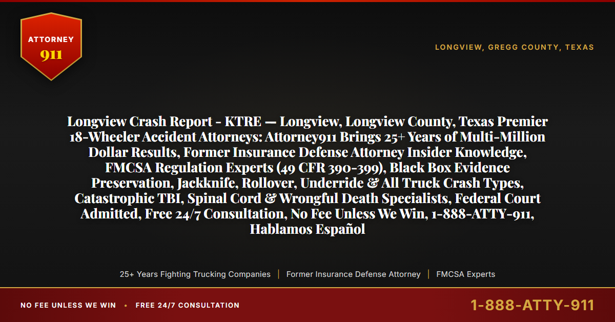Longview Crash Report - KTRE — Longview, Longview County, Texas Premier 18-Wheeler Accident Attorneys: Attorney911 Brings 25+ Years of Multi-Million Dollar Results, Former Insurance Defense Attorney Insider Knowledge, FMCSA Regulation Experts (49 CFR 390-399), Black Box Evidence Preservation, Jackknife, Rollover, Underride & All Truck Crash Types, Catastrophic TBI, Spinal Cord & Wrongful Death Specialists, Federal Court Admitted, Free 24/7 Consultation, No Fee Unless We Win, 1-888-ATTY-911, Hablamos Español - Attorney911
