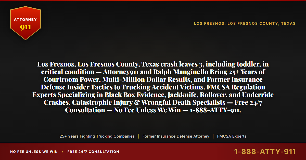 Los Fresnos, Los Fresnos County, Texas crash leaves 3, including toddler, in critical condition — Attorney911 and Ralph Manginello Bring 25+ Years of Courtroom Power, Multi-Million Dollar Results, and Former Insurance Defense Insider Tactics to Trucking Accident Victims. FMCSA Regulation Experts Specializing in Black Box Evidence, Jackknife, Rollover, and Underride Crashes. Catastrophic Injury & Wrongful Death Specialists — Free 24/7 Consultation — No Fee Unless We Win — 1-888-ATTY-911. - Attorney911