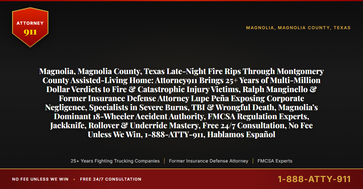 Magnolia, Magnolia County, Texas Late-Night Fire Rips Through Montgomery County Assisted-Living Home: Attorney911 Brings 25+ Years of Multi-Million Dollar Verdicts to Fire & Catastrophic Injury Victims, Ralph Manginello & Former Insurance Defense Attorney Lupe Peña Exposing Corporate Negligence, Specialists in Severe Burns, TBI & Wrongful Death, Magnolia’s Dominant 18-Wheeler Accident Authority, FMCSA Regulation Experts, Jackknife, Rollover & Underride Mastery, Free 24/7 Consultation, No Fee Unless We Win, 1-888-ATTY-911, Hablamos Español - Attorney911