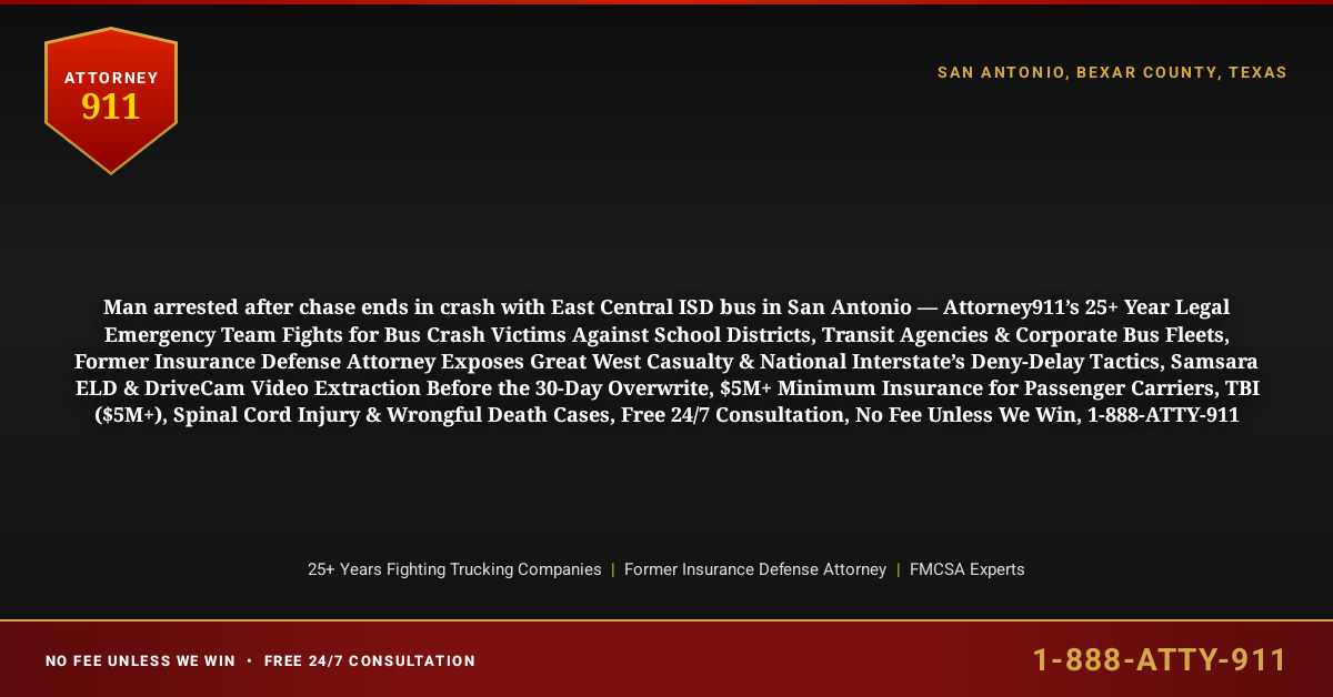 Man arrested after chase ends in crash with East Central ISD bus in San Antonio — Attorney911’s 25+ Year Legal Emergency Team Fights for Bus Crash Victims Against School Districts, Transit Agencies & Corporate Bus Fleets, Former Insurance Defense Attorney Exposes Great West Casualty & National Interstate’s Deny-Delay Tactics, Samsara ELD & DriveCam Video Extraction Before the 30-Day Overwrite, $5M+ Minimum Insurance for Passenger Carriers, TBI ($5M+), Spinal Cord Injury & Wrongful Death Cases, Free 24/7 Consultation, No Fee Unless We Win, 1-888-ATTY-911 - Attorney911