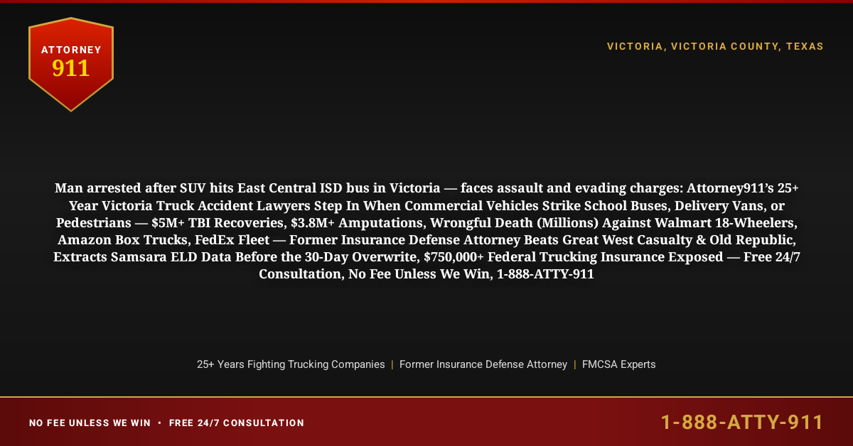 Man arrested after SUV hits East Central ISD bus in Victoria — faces assault and evading charges: Attorney911’s 25+ Year Victoria Truck Accident Lawyers Step In When Commercial Vehicles Strike School Buses, Delivery Vans, or Pedestrians — $5M+ TBI Recoveries, $3.8M+ Amputations, Wrongful Death (Millions) Against Walmart 18-Wheelers, Amazon Box Trucks, FedEx Fleet — Former Insurance Defense Attorney Beats Great West Casualty & Old Republic, Extracts Samsara ELD Data Before the 30-Day Overwrite, $750,000+ Federal Trucking Insurance Exposed — Free 24/7 Consultation, No Fee Unless We Win, 1-888-ATTY-911 - Attorney911