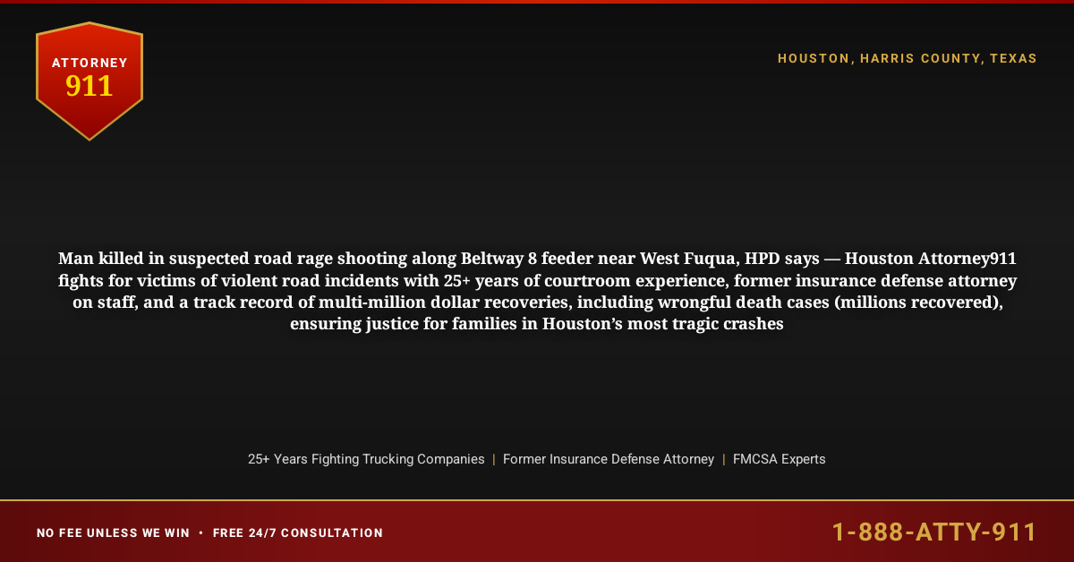 Man killed in suspected road rage shooting along Beltway 8 feeder near West Fuqua, HPD says — Houston Attorney911 fights for victims of violent road incidents with 25+ years of courtroom experience, former insurance defense attorney on staff, and a track record of multi-million dollar recoveries, including wrongful death cases (millions recovered), ensuring justice for families in Houston’s most tragic crashes - Attorney911