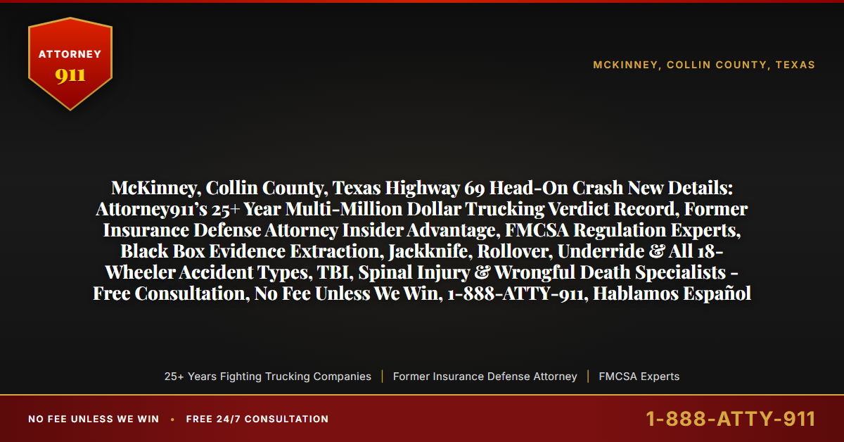McKinney, Collin County, Texas Highway 69 Head-On Crash New Details: Attorney911’s 25+ Year Multi-Million Dollar Trucking Verdict Record, Former Insurance Defense Attorney Insider Advantage, FMCSA Regulation Experts, Black Box Evidence Extraction, Jackknife, Rollover, Underride & All 18-Wheeler Accident Types, TBI, Spinal Injury & Wrongful Death Specialists - Free Consultation, No Fee Unless We Win, 1-888-ATTY-911, Hablamos Español - Attorney911