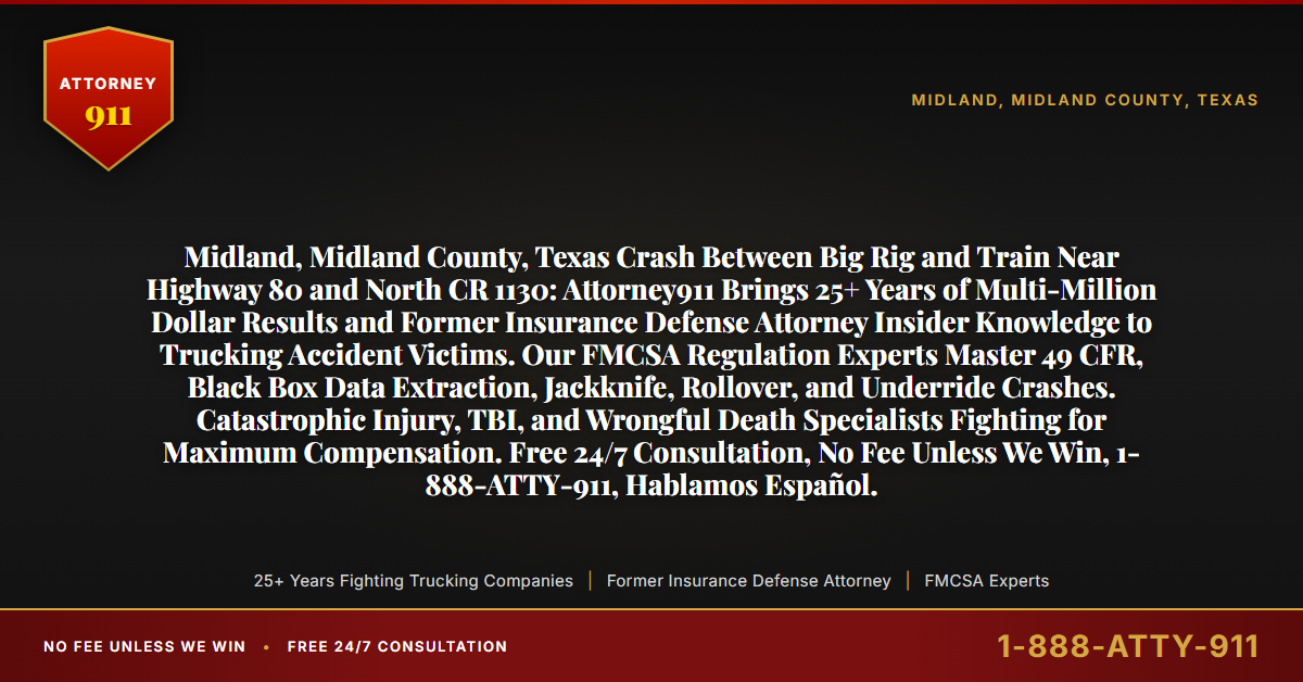 Midland, Midland County, Texas Crash Between Big Rig and Train Near Highway 80 and North CR 1130: Attorney911 Brings 25+ Years of Multi-Million Dollar Results and Former Insurance Defense Attorney Insider Knowledge to Trucking Accident Victims. Our FMCSA Regulation Experts Master 49 CFR, Black Box Data Extraction, Jackknife, Rollover, and Underride Crashes. Catastrophic Injury, TBI, and Wrongful Death Specialists Fighting for Maximum Compensation. Free 24/7 Consultation, No Fee Unless We Win, 1-888-ATTY-911, Hablamos Español. - Attorney911