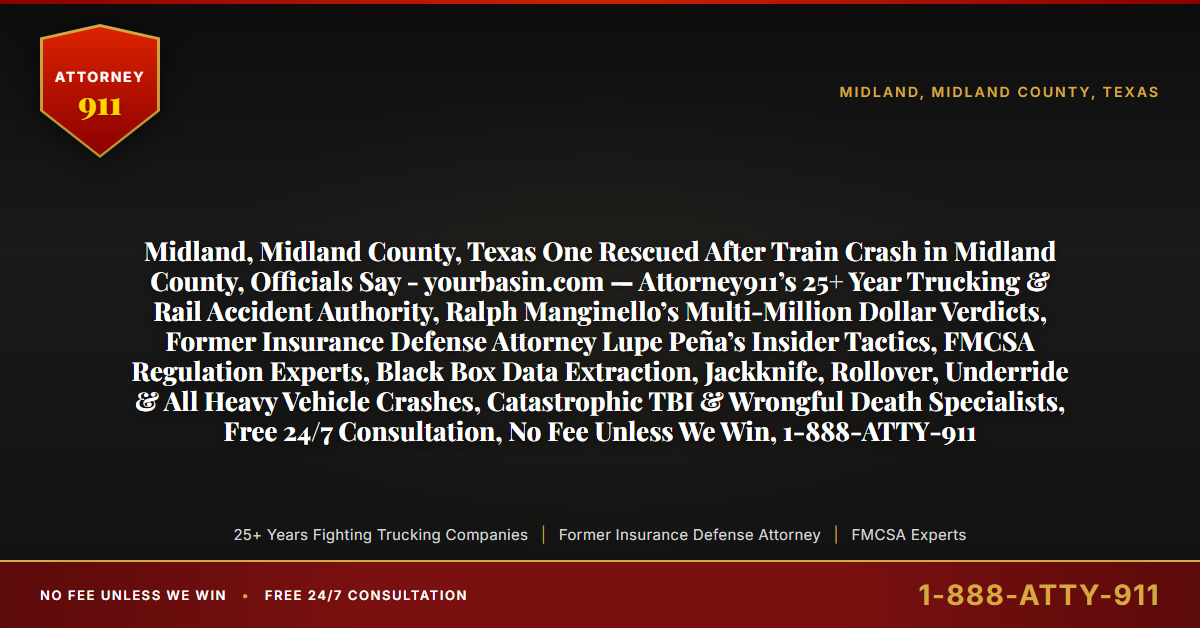 Midland, Midland County, Texas One Rescued After Train Crash in Midland County, Officials Say - yourbasin.com — Attorney911’s 25+ Year Trucking & Rail Accident Authority, Ralph Manginello’s Multi-Million Dollar Verdicts, Former Insurance Defense Attorney Lupe Peña’s Insider Tactics, FMCSA Regulation Experts, Black Box Data Extraction, Jackknife, Rollover, Underride & All Heavy Vehicle Crashes, Catastrophic TBI & Wrongful Death Specialists, Free 24/7 Consultation, No Fee Unless We Win, 1-888-ATTY-911 - Attorney911
