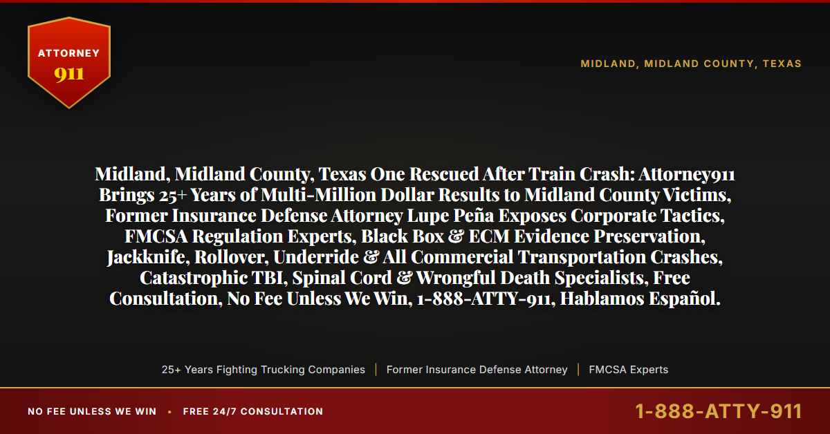 Midland, Midland County, Texas One Rescued After Train Crash: Attorney911 Brings 25+ Years of Multi-Million Dollar Results to Midland County Victims, Former Insurance Defense Attorney Lupe Peña Exposes Corporate Tactics, FMCSA Regulation Experts, Black Box & ECM Evidence Preservation, Jackknife, Rollover, Underride & All Commercial Transportation Crashes, Catastrophic TBI, Spinal Cord & Wrongful Death Specialists, Free Consultation, No Fee Unless We Win, 1-888-ATTY-911, Hablamos Español. - Attorney911