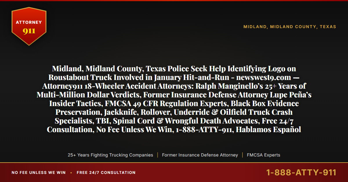 Midland, Midland County, Texas Police Seek Help Identifying Logo on Roustabout Truck Involved in January Hit-and-Run - newswest9.com — Attorney911 18-Wheeler Accident Attorneys: Ralph Manginello’s 25+ Years of Multi-Million Dollar Verdicts, Former Insurance Defense Attorney Lupe Peña’s Insider Tactics, FMCSA 49 CFR Regulation Experts, Black Box Evidence Preservation, Jackknife, Rollover, Underride & Oilfield Truck Crash Specialists, TBI, Spinal Cord & Wrongful Death Advocates, Free 24/7 Consultation, No Fee Unless We Win, 1-888-ATTY-911, Hablamos Español - Attorney911