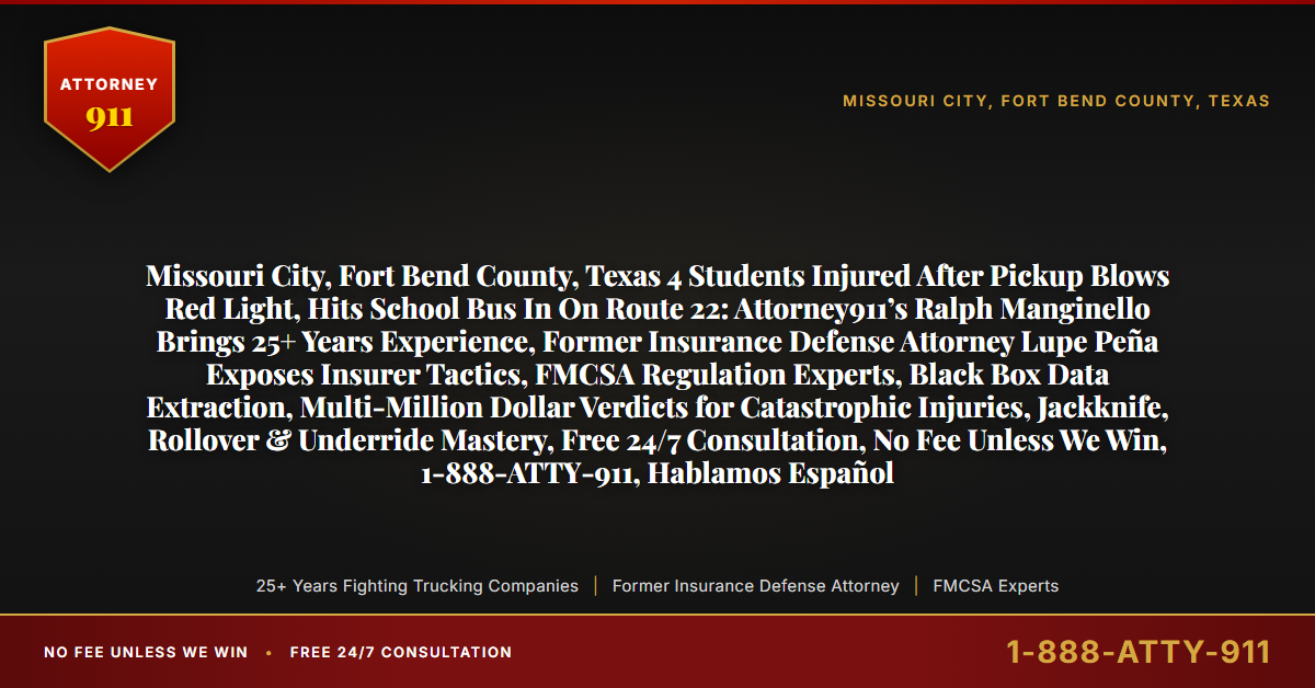 Missouri City, Fort Bend County, Texas 4 Students Injured After Pickup Blows Red Light, Hits School Bus In On Route 22: Attorney911’s Ralph Manginello Brings 25+ Years Experience, Former Insurance Defense Attorney Lupe Peña Exposes Insurer Tactics, FMCSA Regulation Experts, Black Box Data Extraction, Multi-Million Dollar Verdicts for Catastrophic Injuries, Jackknife, Rollover & Underride Mastery, Free 24/7 Consultation, No Fee Unless We Win, 1-888-ATTY-911, Hablamos Español - Attorney911