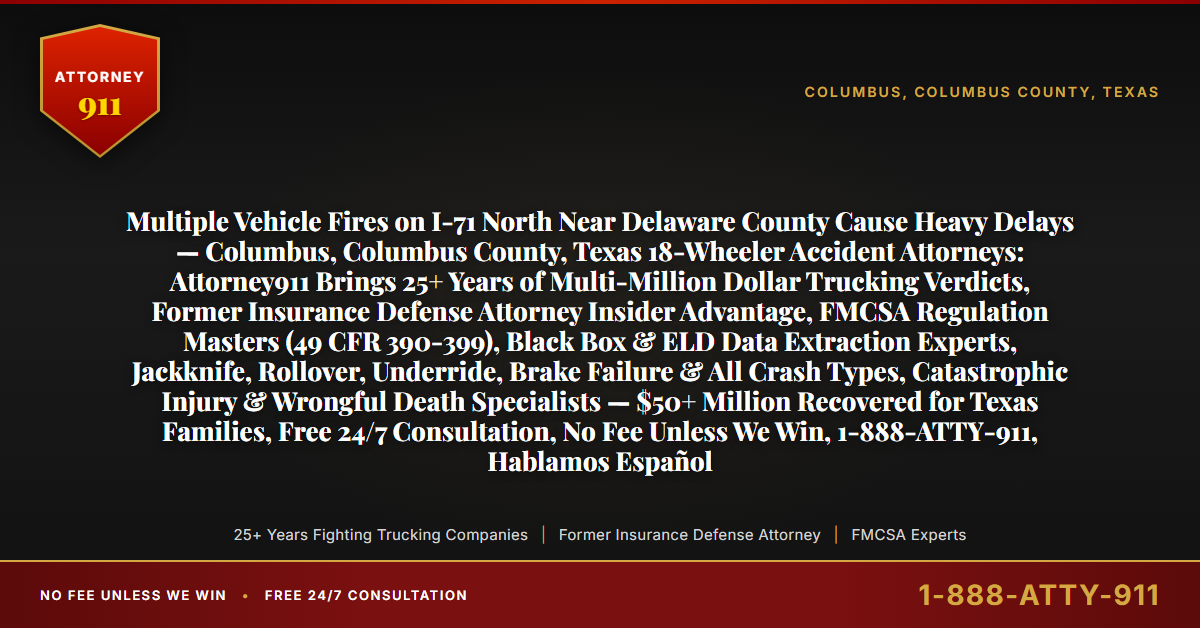 Multiple Vehicle Fires on I-71 North Near Delaware County Cause Heavy Delays — Columbus, Columbus County, Texas 18-Wheeler Accident Attorneys: Attorney911 Brings 25+ Years of Multi-Million Dollar Trucking Verdicts, Former Insurance Defense Attorney Insider Advantage, FMCSA Regulation Masters (49 CFR 390-399), Black Box & ELD Data Extraction Experts, Jackknife, Rollover, Underride, Brake Failure & All Crash Types, Catastrophic Injury & Wrongful Death Specialists — $50+ Million Recovered for Texas Families, Free 24/7 Consultation, No Fee Unless We Win, 1-888-ATTY-911, Hablamos Español - Attorney911