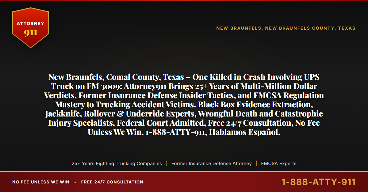 New Braunfels, Comal County, Texas – One Killed in Crash Involving UPS Truck on FM 3009: Attorney911 Brings 25+ Years of Multi-Million Dollar Verdicts, Former Insurance Defense Insider Tactics, and FMCSA Regulation Mastery to Trucking Accident Victims. Black Box Evidence Extraction, Jackknife, Rollover & Underride Experts, Wrongful Death and Catastrophic Injury Specialists. Federal Court Admitted, Free 24/7 Consultation, No Fee Unless We Win, 1-888-ATTY-911, Hablamos Español. - Attorney911