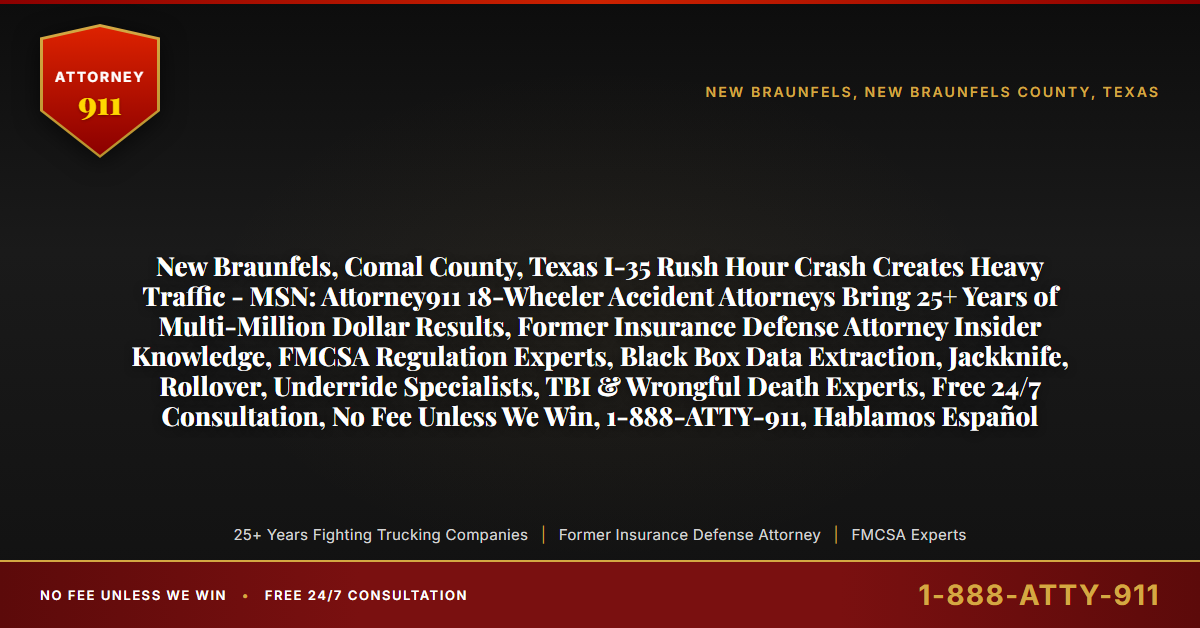 New Braunfels, Comal County, Texas I-35 Rush Hour Crash Creates Heavy Traffic - MSN: Attorney911 18-Wheeler Accident Attorneys Bring 25+ Years of Multi-Million Dollar Results, Former Insurance Defense Attorney Insider Knowledge, FMCSA Regulation Experts, Black Box Data Extraction, Jackknife, Rollover, Underride Specialists, TBI & Wrongful Death Experts, Free 24/7 Consultation, No Fee Unless We Win, 1-888-ATTY-911, Hablamos Español - Attorney911