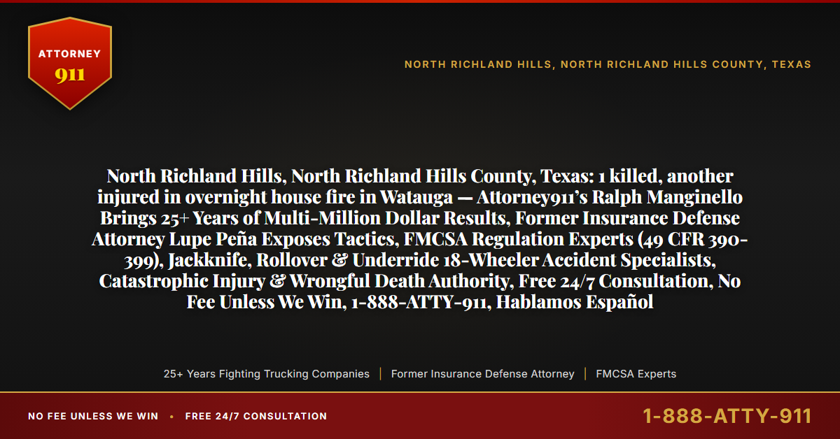 North Richland Hills, North Richland Hills County, Texas: 1 killed, another injured in overnight house fire in Watauga — Attorney911’s Ralph Manginello Brings 25+ Years of Multi-Million Dollar Results, Former Insurance Defense Attorney Lupe Peña Exposes Tactics, FMCSA Regulation Experts (49 CFR 390-399), Jackknife, Rollover & Underride 18-Wheeler Accident Specialists, Catastrophic Injury & Wrongful Death Authority, Free 24/7 Consultation, No Fee Unless We Win, 1-888-ATTY-911, Hablamos Español - Attorney911