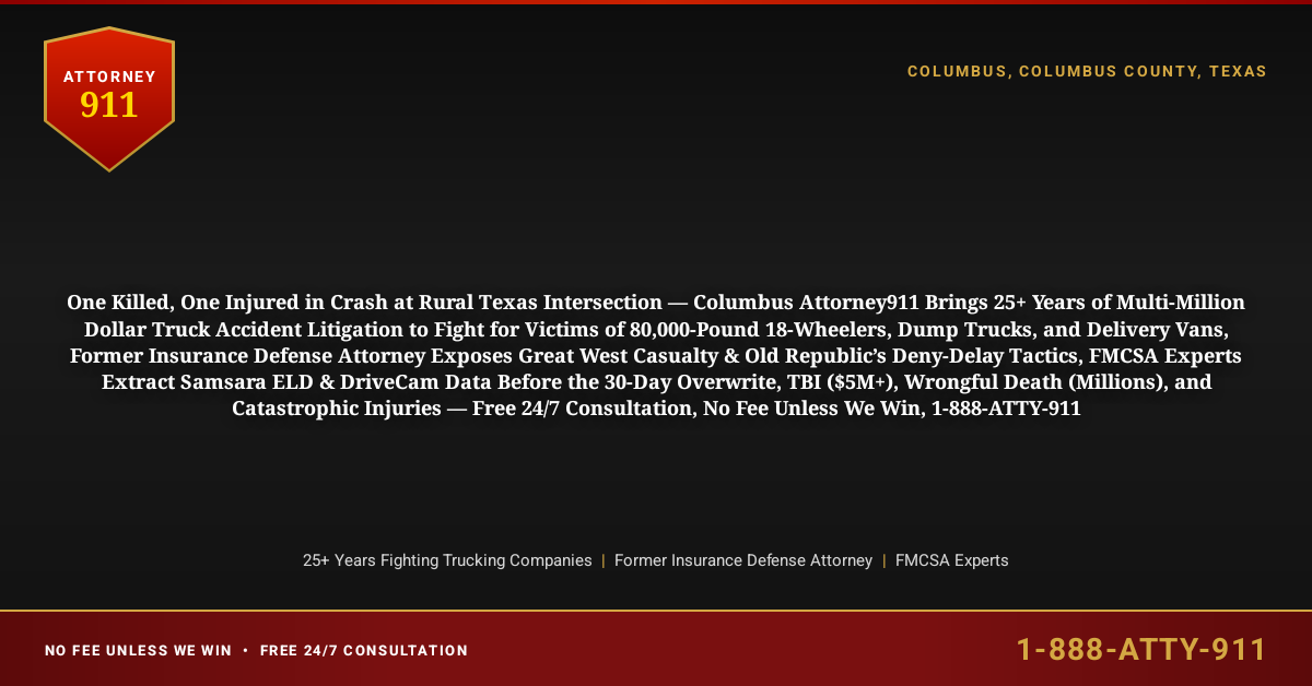 One Killed, One Injured in Crash at Rural Texas Intersection — Columbus Attorney911 Brings 25+ Years of Multi-Million Dollar Truck Accident Litigation to Fight for Victims of 80,000-Pound 18-Wheelers, Dump Trucks, and Delivery Vans, Former Insurance Defense Attorney Exposes Great West Casualty & Old Republic’s Deny-Delay Tactics, FMCSA Experts Extract Samsara ELD & DriveCam Data Before the 30-Day Overwrite, TBI ($5M+), Wrongful Death (Millions), and Catastrophic Injuries — Free 24/7 Consultation, No Fee Unless We Win, 1-888-ATTY-911 - Attorney911