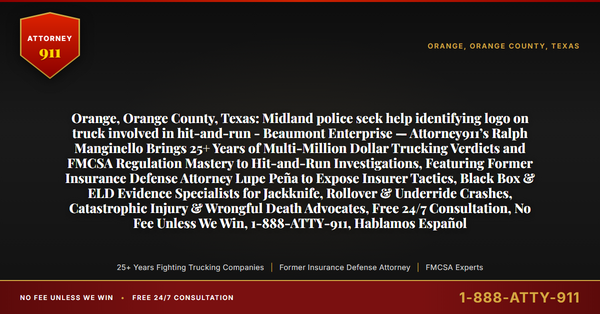 Orange, Orange County, Texas: Midland police seek help identifying logo on truck involved in hit-and-run - Beaumont Enterprise — Attorney911’s Ralph Manginello Brings 25+ Years of Multi-Million Dollar Trucking Verdicts and FMCSA Regulation Mastery to Hit-and-Run Investigations, Featuring Former Insurance Defense Attorney Lupe Peña to Expose Insurer Tactics, Black Box & ELD Evidence Specialists for Jackknife, Rollover & Underride Crashes, Catastrophic Injury & Wrongful Death Advocates, Free 24/7 Consultation, No Fee Unless We Win, 1-888-ATTY-911, Hablamos Español - Attorney911