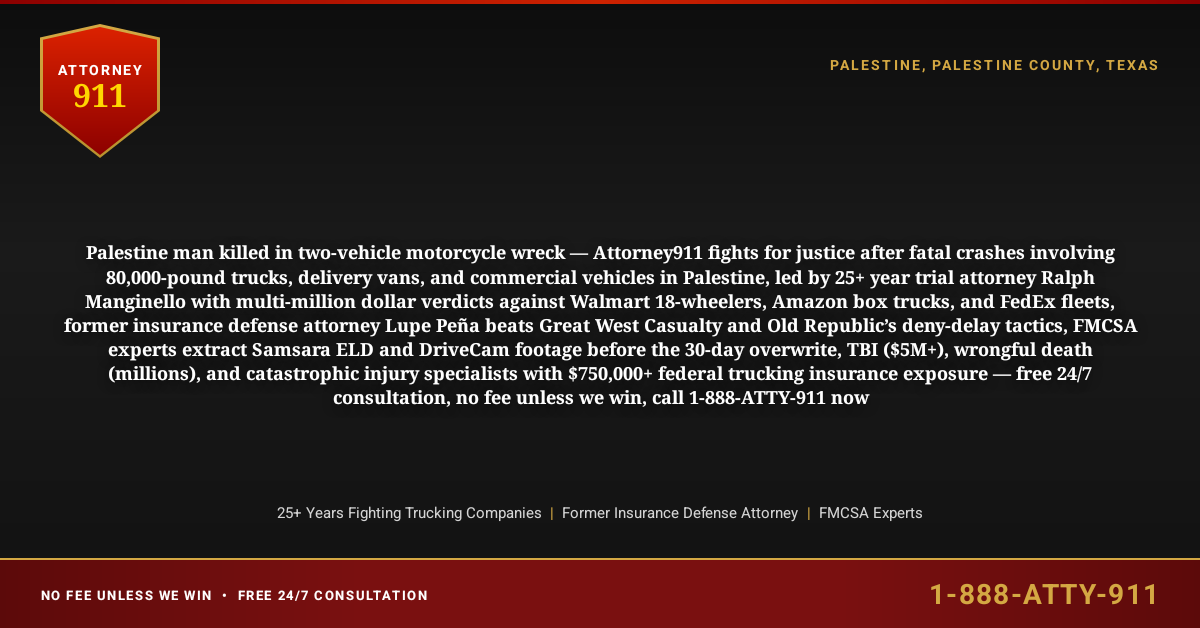 Palestine man killed in two-vehicle motorcycle wreck — Attorney911 fights for justice after fatal crashes involving 80,000-pound trucks, delivery vans, and commercial vehicles in Palestine, led by 25+ year trial attorney Ralph Manginello with multi-million dollar verdicts against Walmart 18-wheelers, Amazon box trucks, and FedEx fleets, former insurance defense attorney Lupe Peña beats Great West Casualty and Old Republic’s deny-delay tactics, FMCSA experts extract Samsara ELD and DriveCam footage before the 30-day overwrite, TBI ($5M+), wrongful death (millions), and catastrophic injury specialists with $750,000+ federal trucking insurance exposure — free 24/7 consultation, no fee unless we win, call 1-888-ATTY-911 now - Attorney911