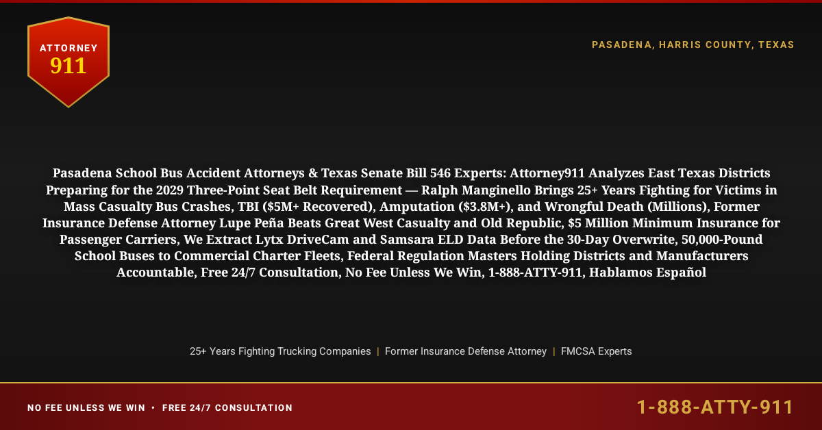 Pasadena School Bus Accident Attorneys & Texas Senate Bill 546 Experts: Attorney911 Analyzes East Texas Districts Preparing for the 2029 Three-Point Seat Belt Requirement — Ralph Manginello Brings 25+ Years Fighting for Victims in Mass Casualty Bus Crashes, TBI ($5M+ Recovered), Amputation ($3.8M+), and Wrongful Death (Millions), Former Insurance Defense Attorney Lupe Peña Beats Great West Casualty and Old Republic, $5 Million Minimum Insurance for Passenger Carriers, We Extract Lytx DriveCam and Samsara ELD Data Before the 30-Day Overwrite, 50,000-Pound School Buses to Commercial Charter Fleets, Federal Regulation Masters Holding Districts and Manufacturers Accountable, Free 24/7 Consultation, No Fee Unless We Win, 1-888-ATTY-911, Hablamos Español - Attorney911