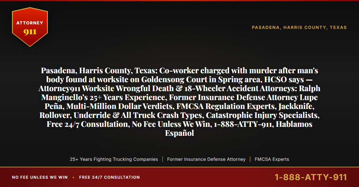 Pasadena, Harris County, Texas: Co-worker charged with murder after man's body found at worksite on Goldensong Court in Spring area, HCSO says — Attorney911 Worksite Wrongful Death & 18-Wheeler Accident Attorneys: Ralph Manginello’s 25+ Years Experience, Former Insurance Defense Attorney Lupe Peña, Multi-Million Dollar Verdicts, FMCSA Regulation Experts, Jackknife, Rollover, Underride & All Truck Crash Types, Catastrophic Injury Specialists, Free 24/7 Consultation, No Fee Unless We Win, 1-888-ATTY-911, Hablamos Español - Attorney911